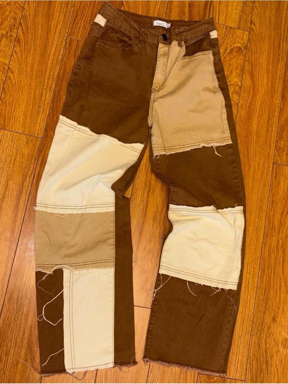brown and cream baggy patchwork jeans